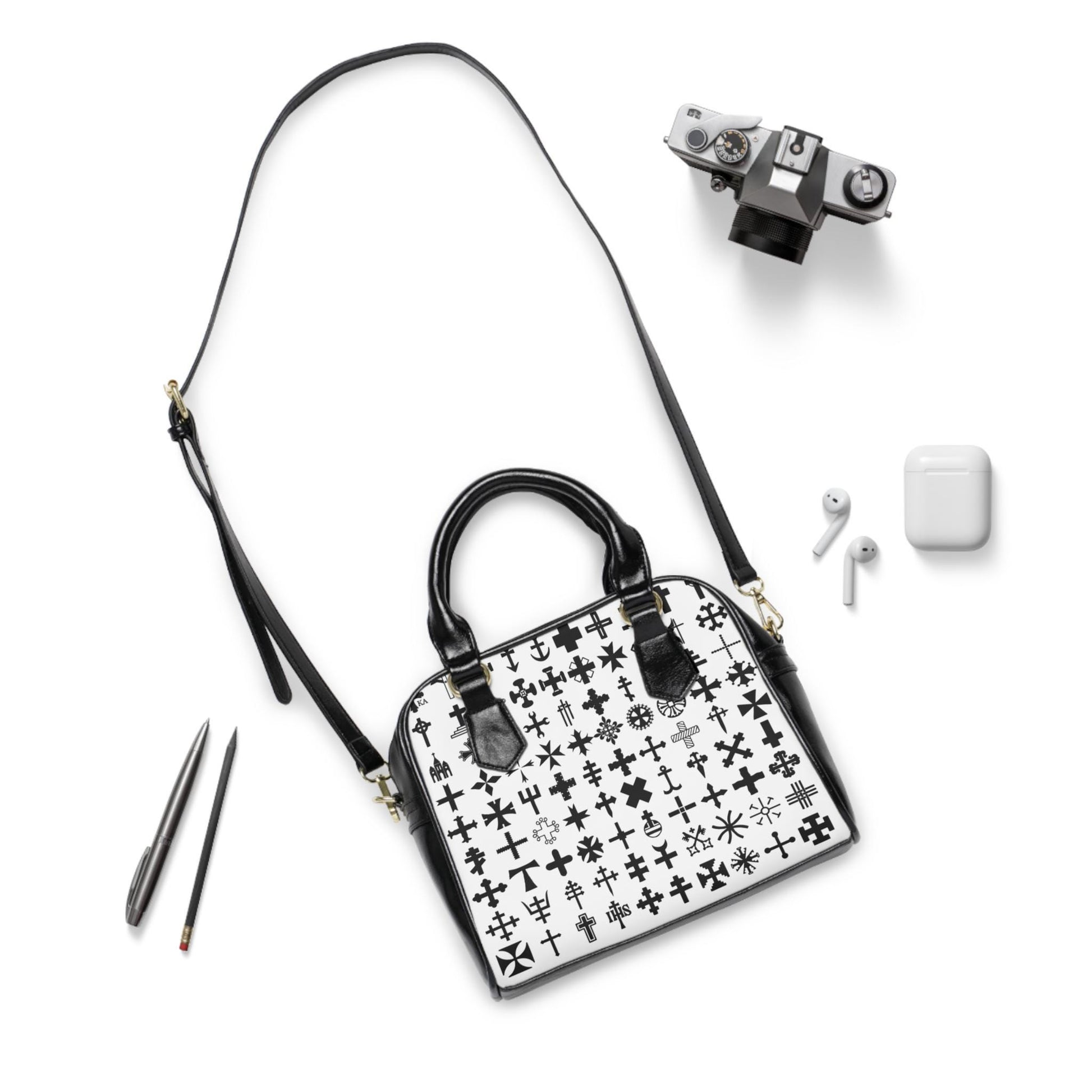 Black and White Cross Pattern Shoulder Handbag For Her Christian Shoulder Bag Christian Shoulder Bag For Her Gift For Her Cross Purse - A Kingdom Lifestyle