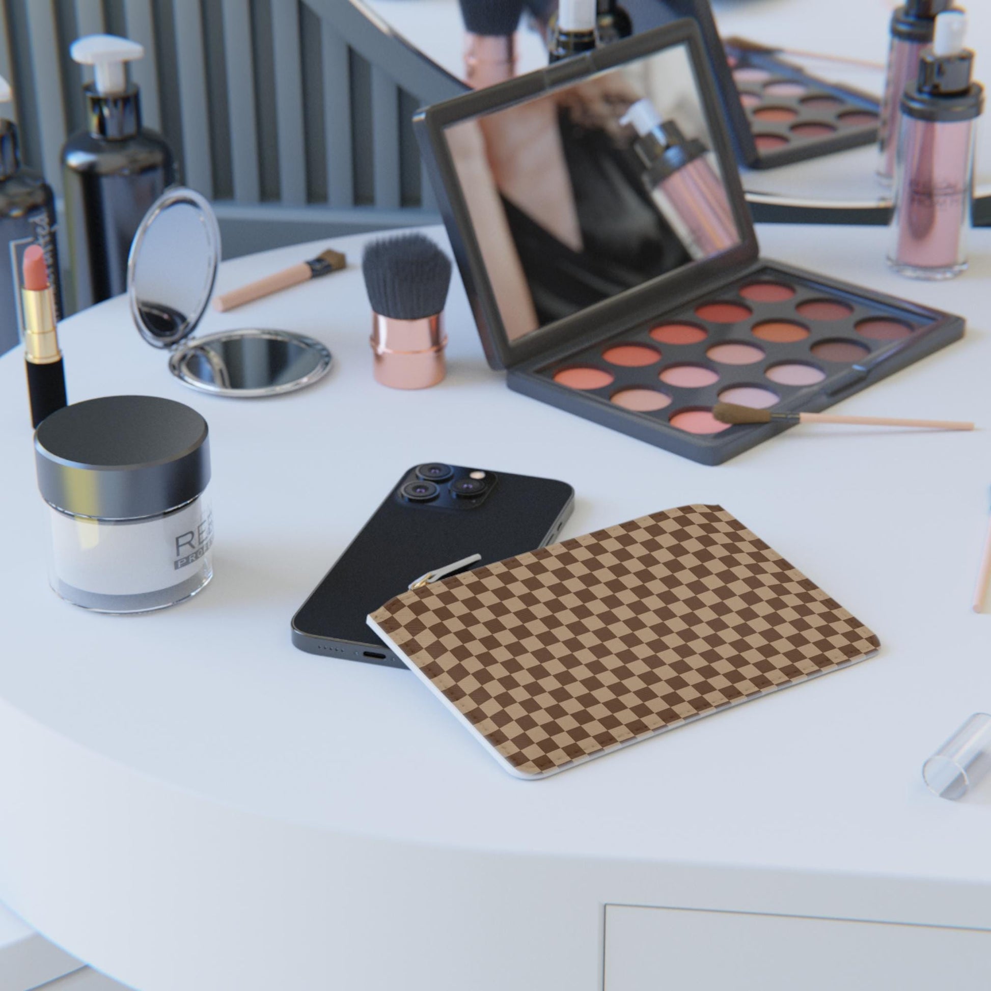 Brown Checkered Mini Clutch Bag Checkered Makeup Bag Makeup Pouch Cosmetic Bag Toiletry Bag Coin Purse Gift for Her Best Friend Gift - A Kingdom Lifestyle