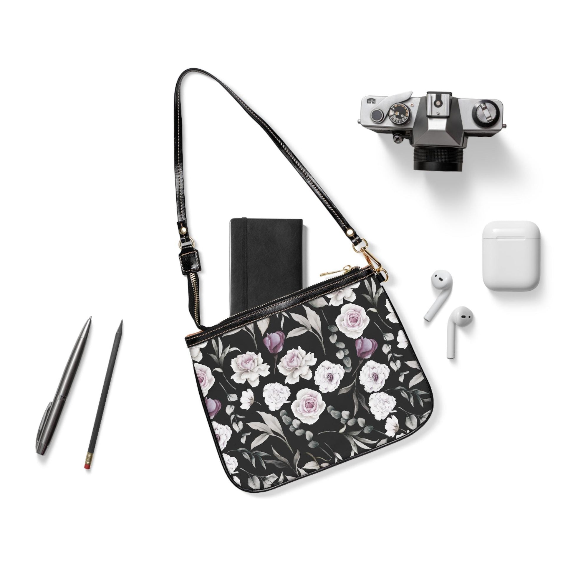 Floral Black Small Shoulder Bag Stylish Purse for Everyday Use, Spring/Summer Fashion, Gift for Her, Floral Print Handbag - A Kingdom Lifestyle