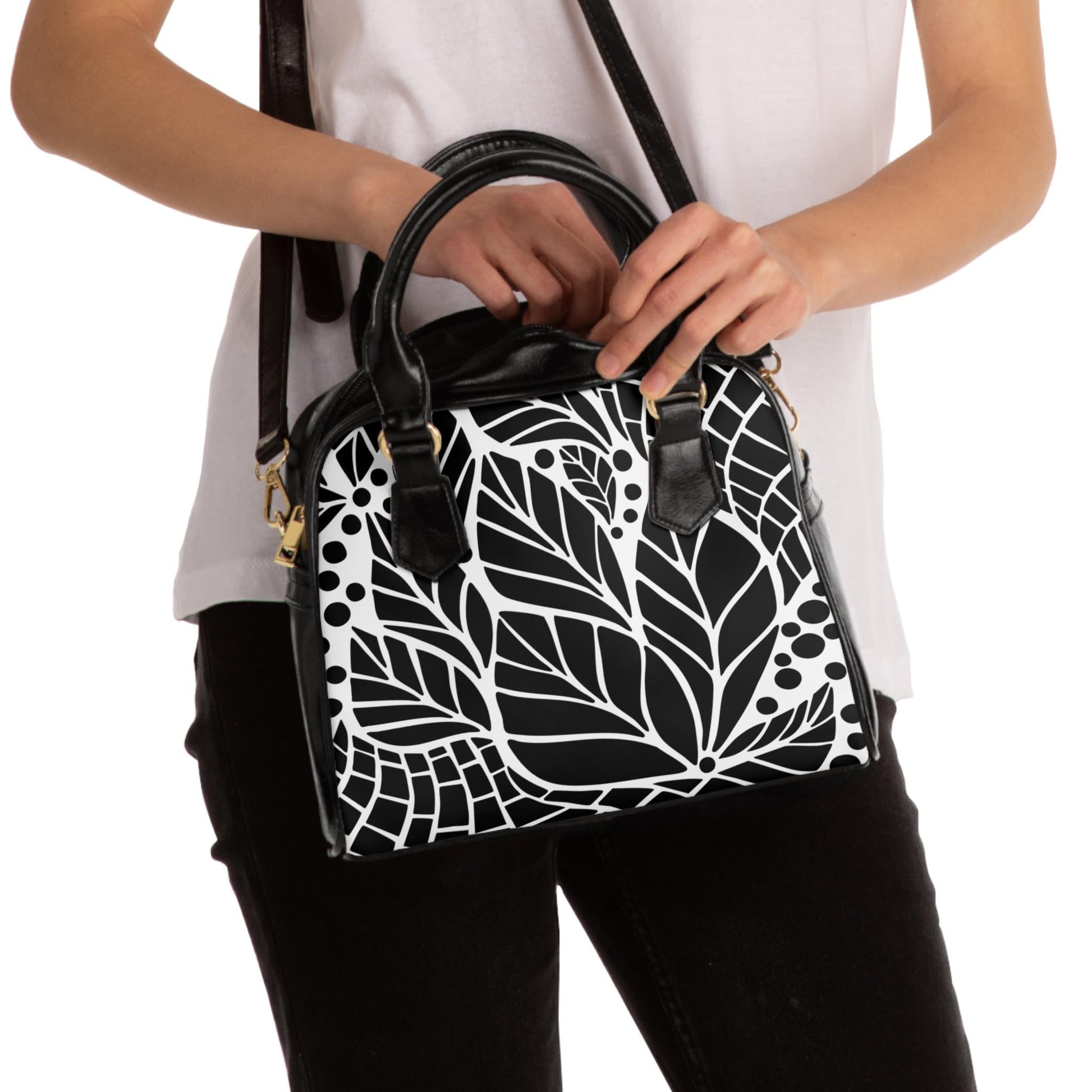 Black and White Leaf Graphic Shoulder Handbag, Stylish Tote, Everyday Purse, Women's Fashion Accessory, Ideal Gift for Her - A Kingdom Lifestyle