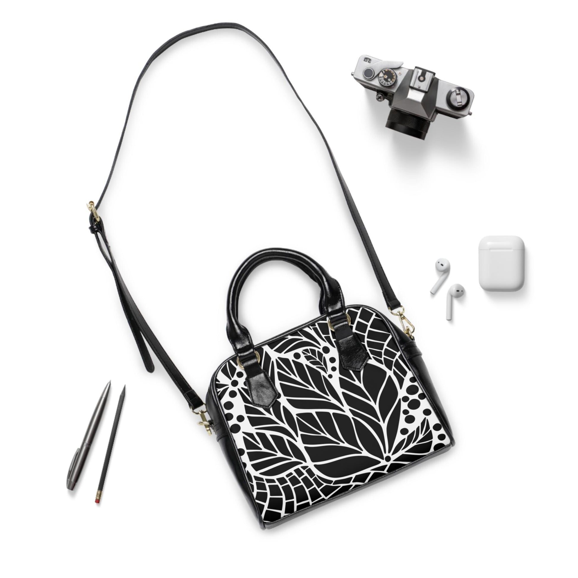 Black and White Leaf Graphic Shoulder Handbag, Stylish Tote, Everyday Purse, Women's Fashion Accessory, Ideal Gift for Her - A Kingdom Lifestyle