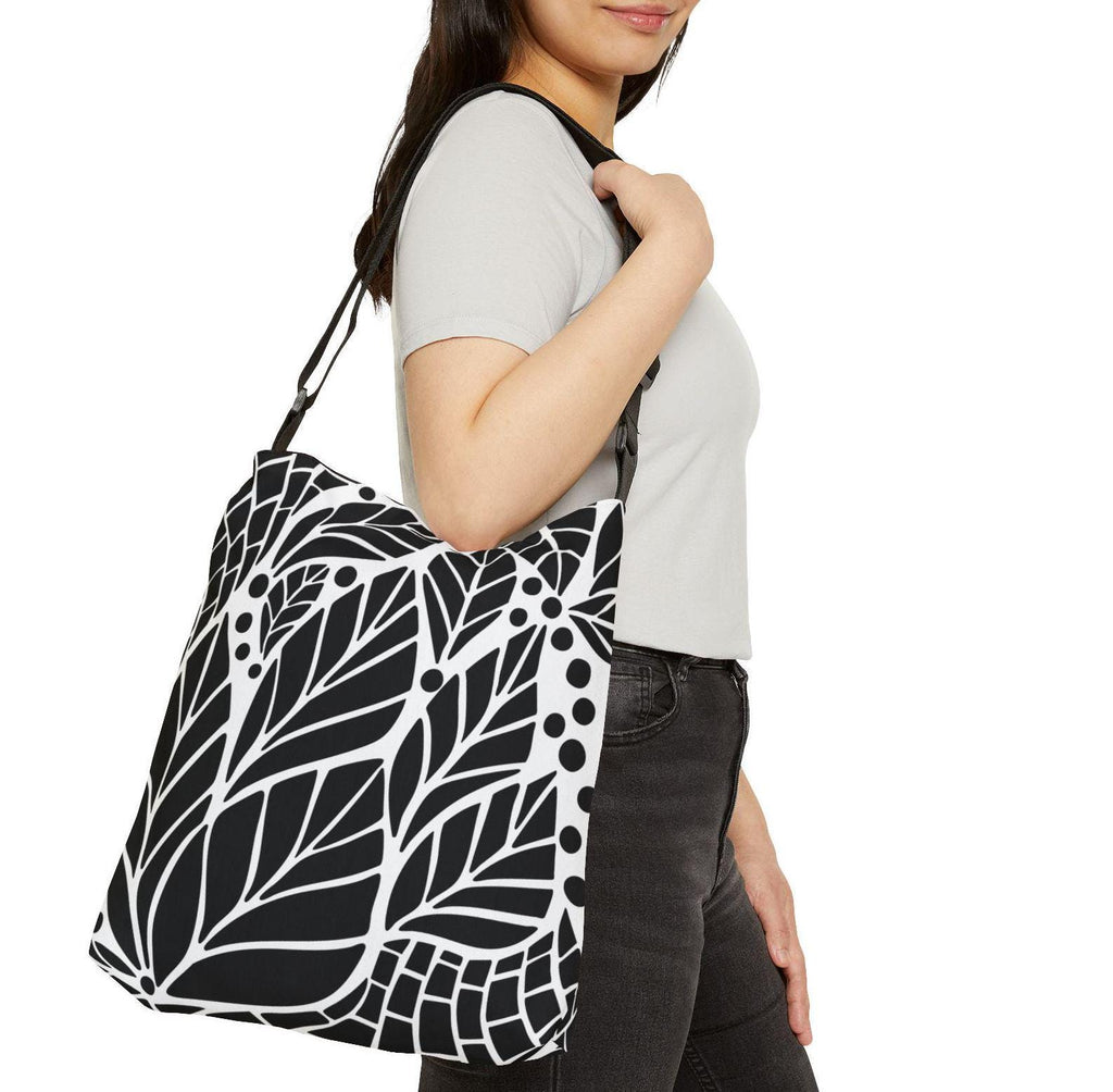 Black and White Leaf Pattern Adjustable Tote Bag, Eco-Friendly Grocery Bag, Stylish Book Bag, Perfect for Daily Use, Great Gift Idea - A Kingdom Lifestyle