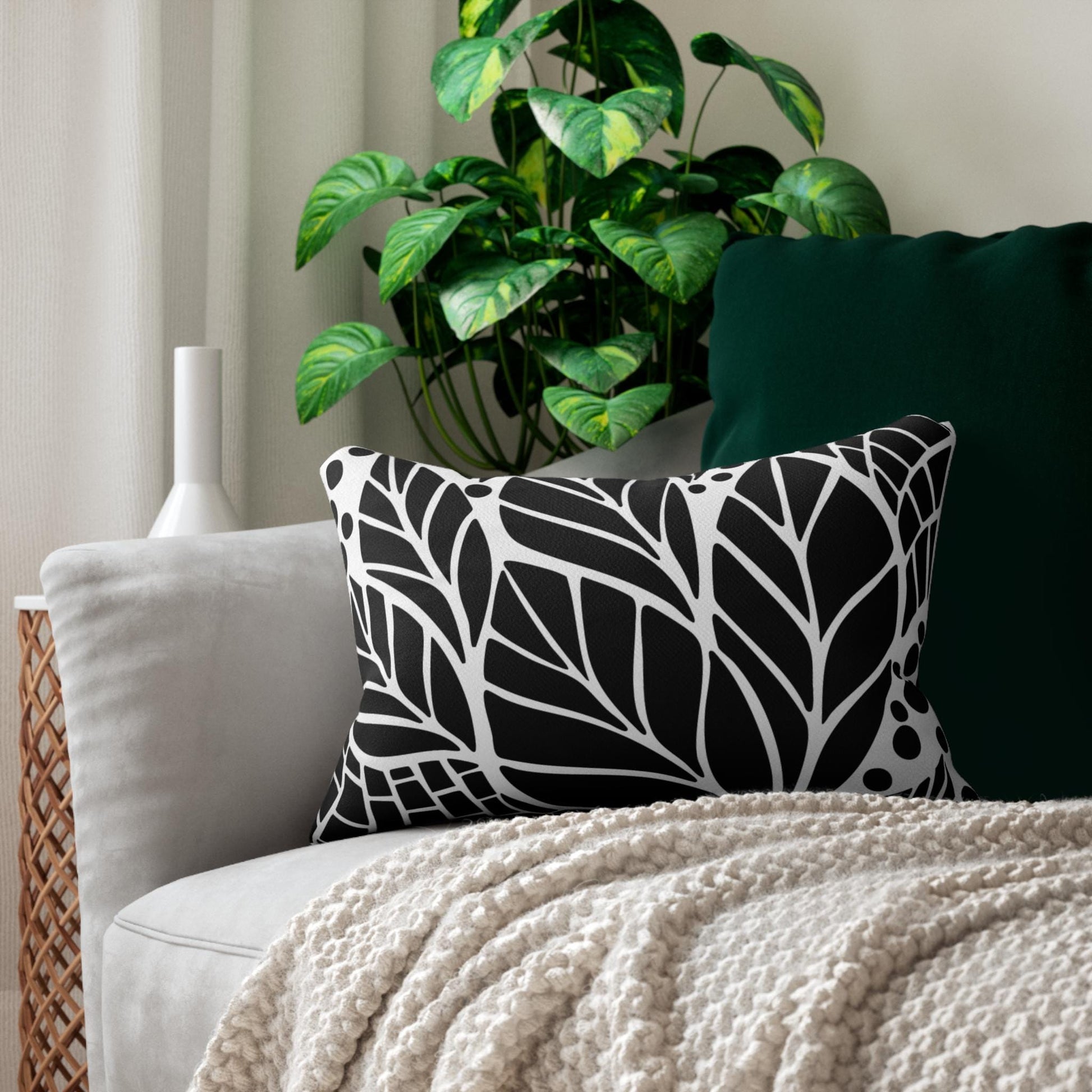 Modern Black and White Leaf Lumbar Pillow, Decorative Throw Pillow, Couch Cushion, Nature-Inspired Home Decor, Chic Accent. Add this statement piece to your collection today! Limited stock available. - A Kingdom Lifestyle