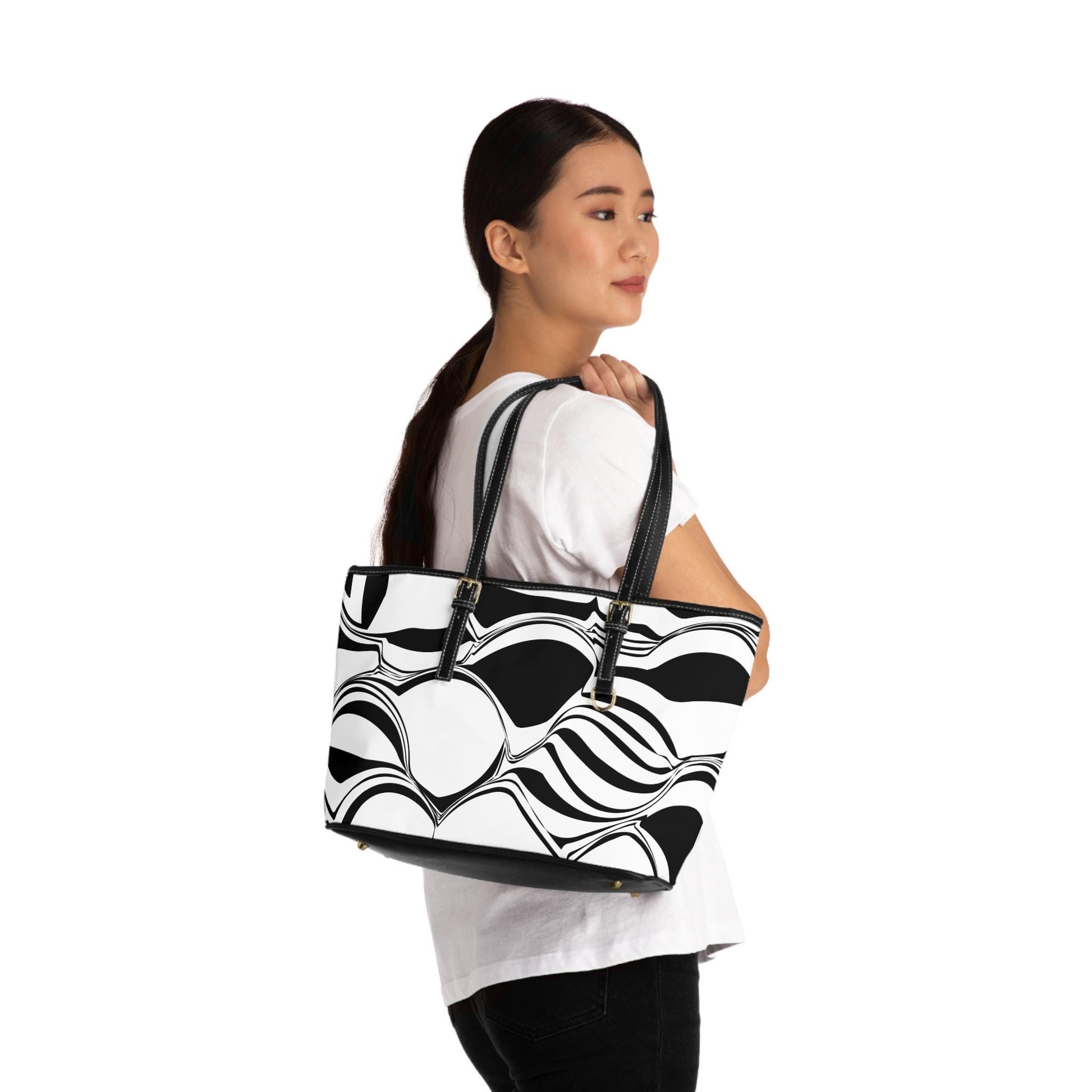 Modern PU Leather Shoulder Bag, Trendy Tote for Everyday Use, Stylish Handbag, Gift for Her, Black and White Abstract Design - A Kingdom Lifestyle