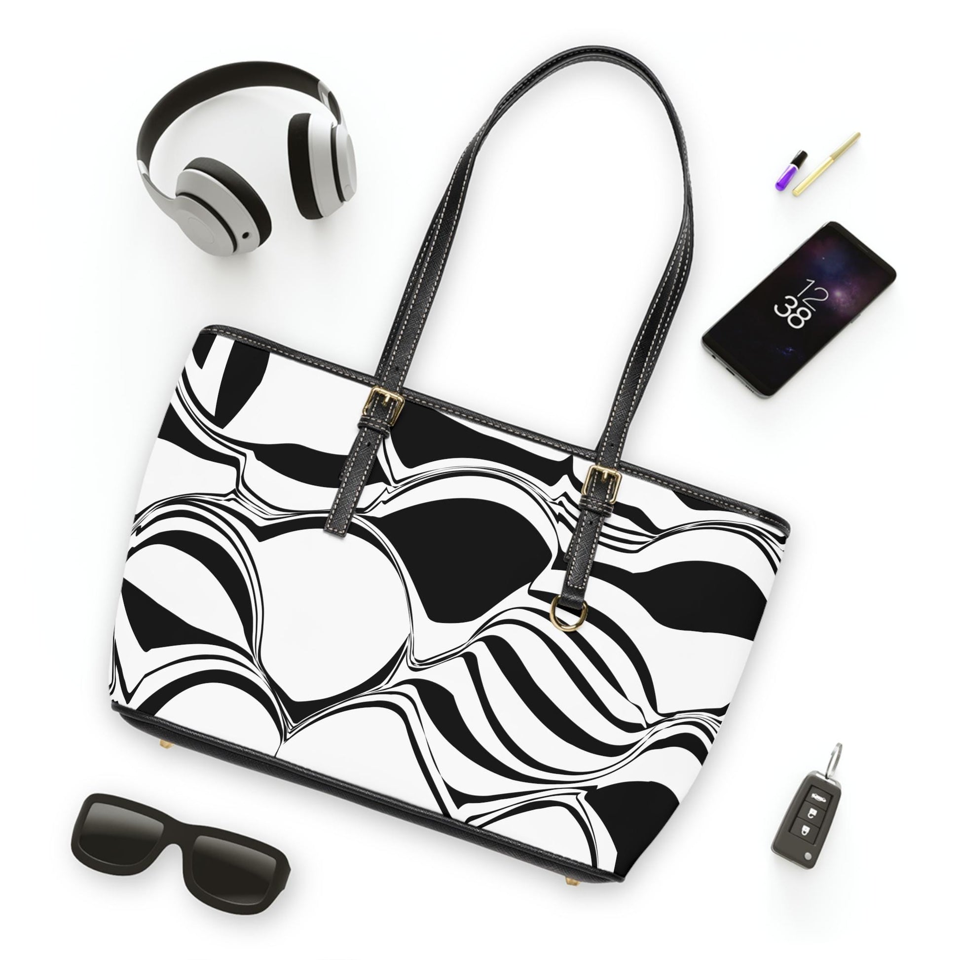 Modern PU Leather Shoulder Bag, Trendy Tote for Everyday Use, Stylish Handbag, Gift for Her, Black and White Abstract Design - A Kingdom Lifestyle