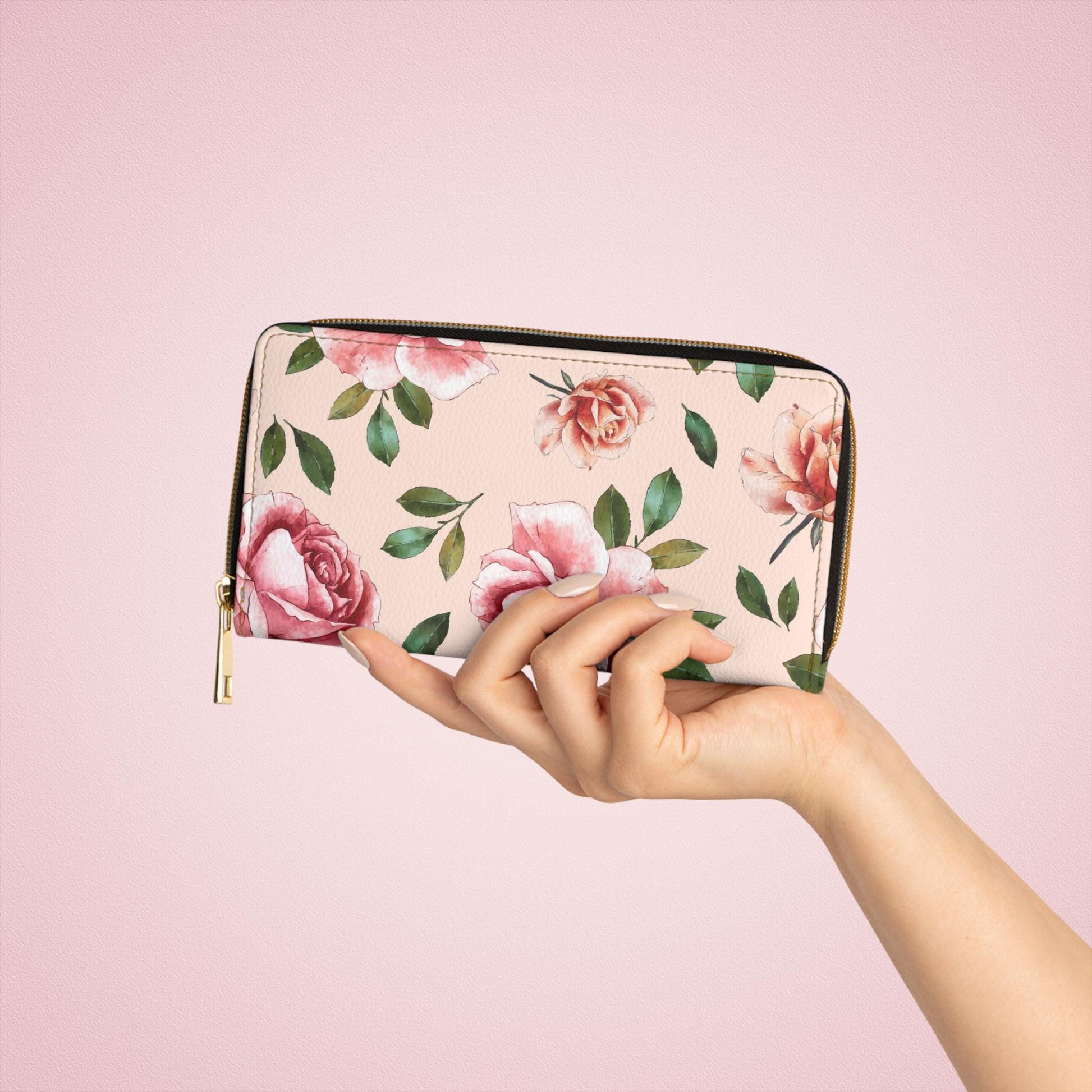 Rose Print Zipper Wallet Chic Rose Print Wallet for Women,Stylish Zip Wallet Perfect Gift for Mother's Day, Elegant Floral Purse Fashionable - A Kingdom Lifestyle