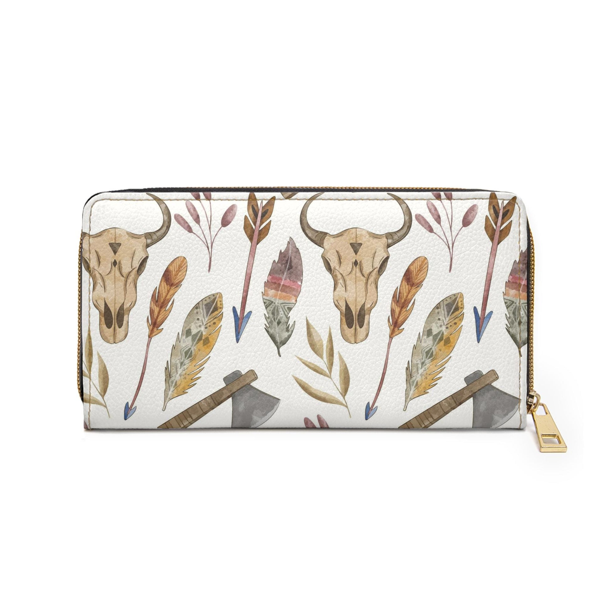 Country Western Zipper Wallet, Cow Skull Print Purse, Rustic Leather Clutch, Gift for Her, Travel Organizer, Festival Accessory - A Kingdom Lifestyle