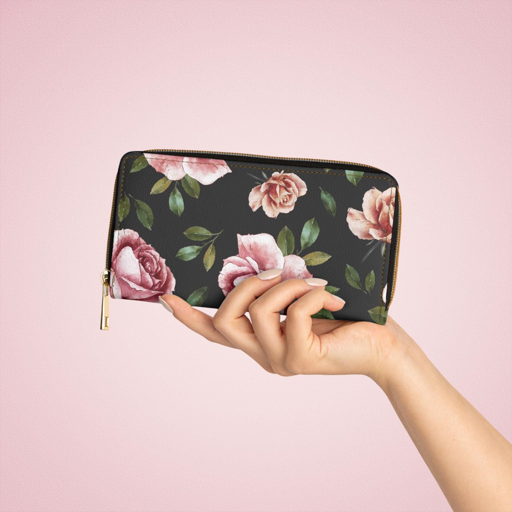 Black Rose Floral Zipper Wallet - Elegant Rose Design, Perfect for Women, Gift for Her, Stylish Accessory, Everyday Use Travel Wallet - A Kingdom Lifestyle