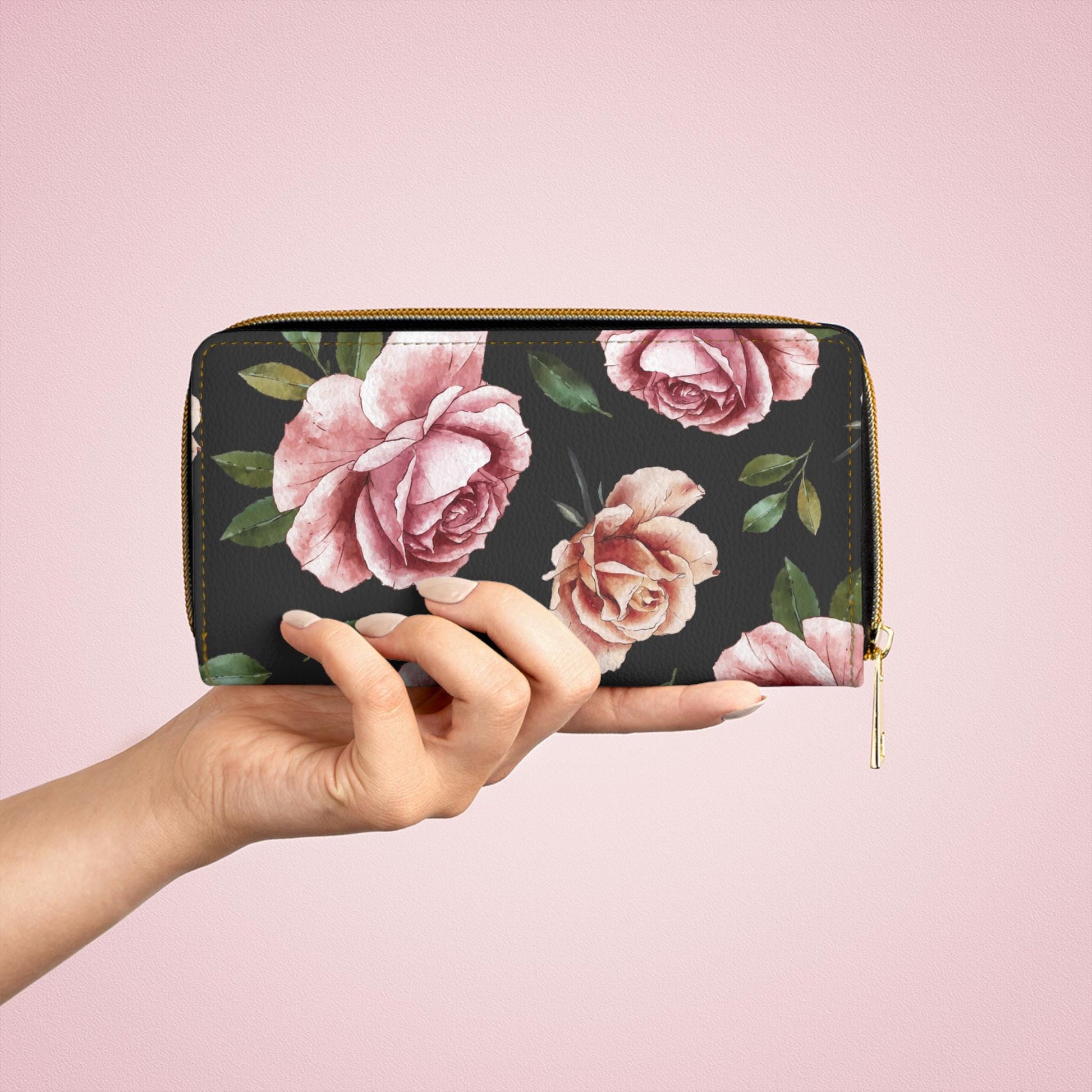 Black Rose Floral Zipper Wallet - Elegant Rose Design, Perfect for Women, Gift for Her, Stylish Accessory, Everyday Use Travel Wallet - A Kingdom Lifestyle