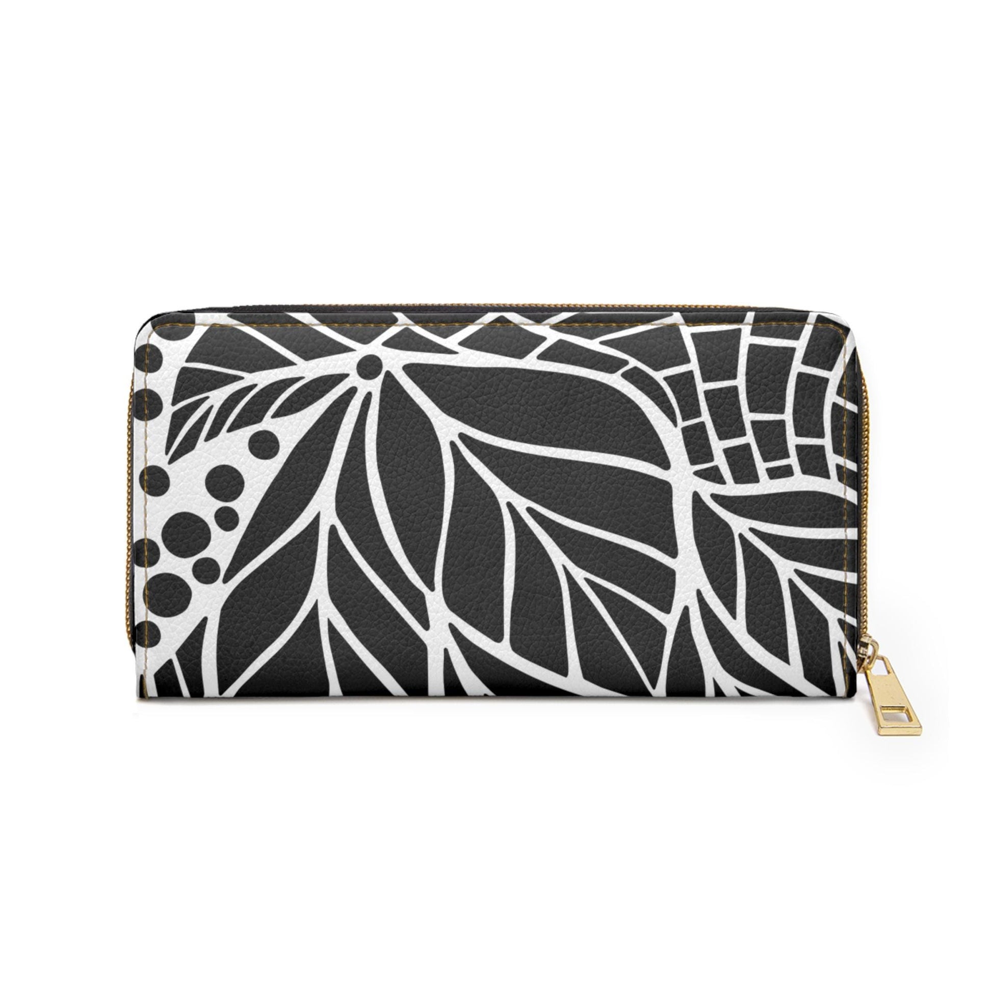 Chic Black & White Leaf Zipper Wallet, Stylish Clutch, Everyday Organizer, Gift for Her, Floral Fashion Accessory - A Kingdom Lifestyle