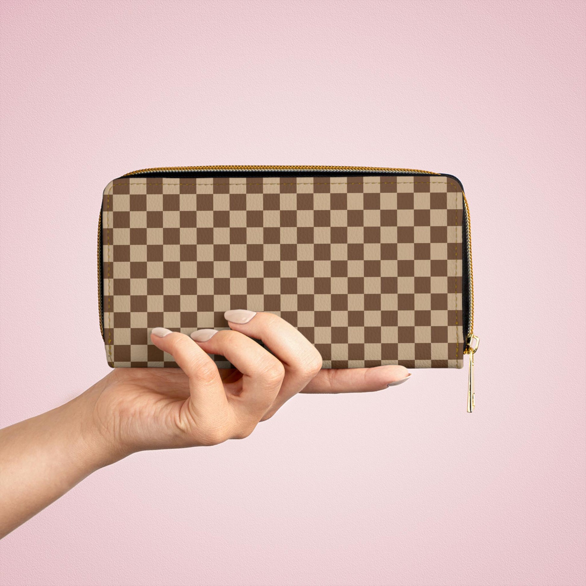 Chic Brown Checkered Zipper Wallet, Stylish Cardholder, Gifts for Her, Travel Organizer, Fashion Accessory, Everyday Use - A Kingdom Lifestyle