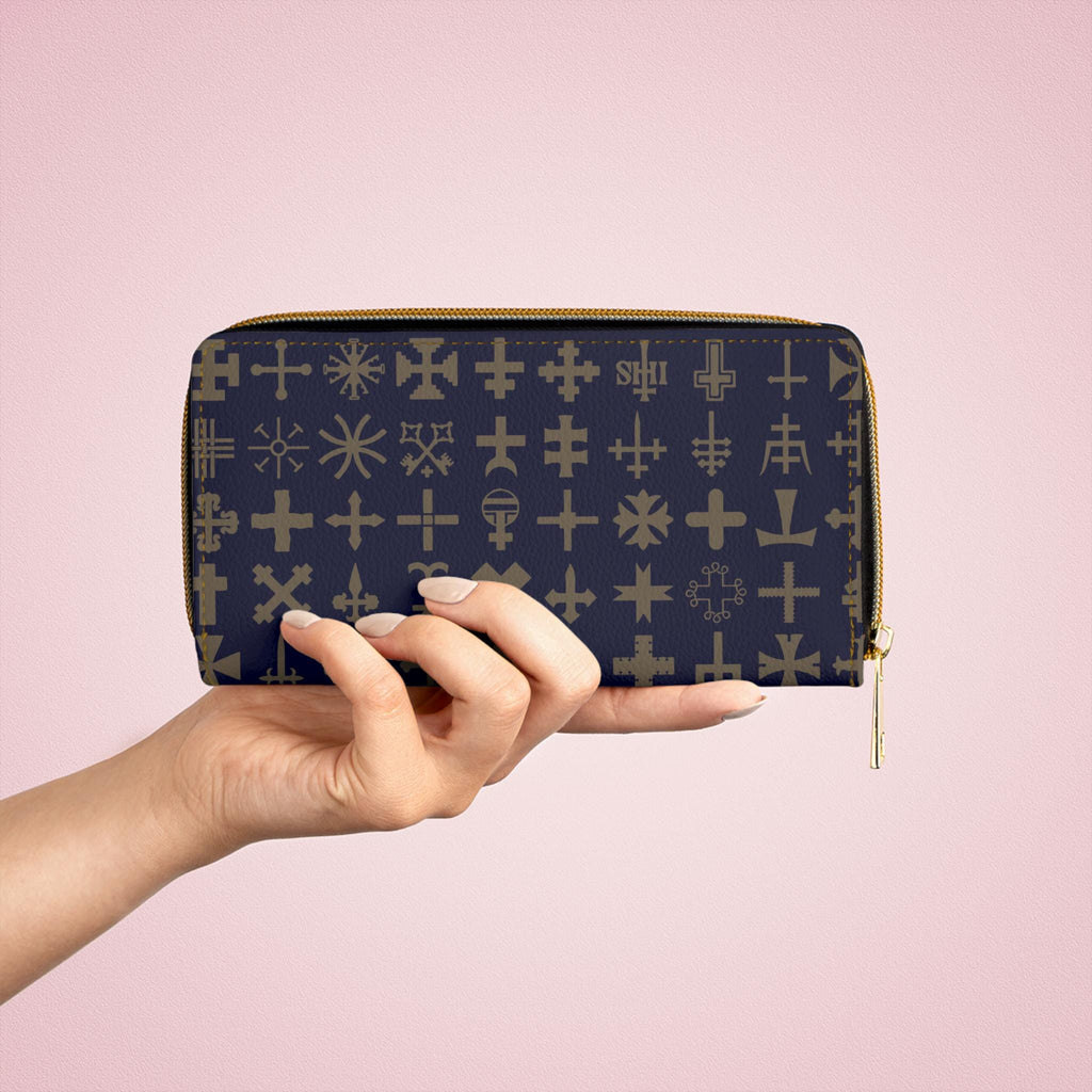 Stylish Navy Blue Cross Zipper Wallet | Elegant Cross Pattern Organizer, Travel Accessory, Gift for Her Fashionable Purse Holiday Essential - A Kingdom Lifestyle